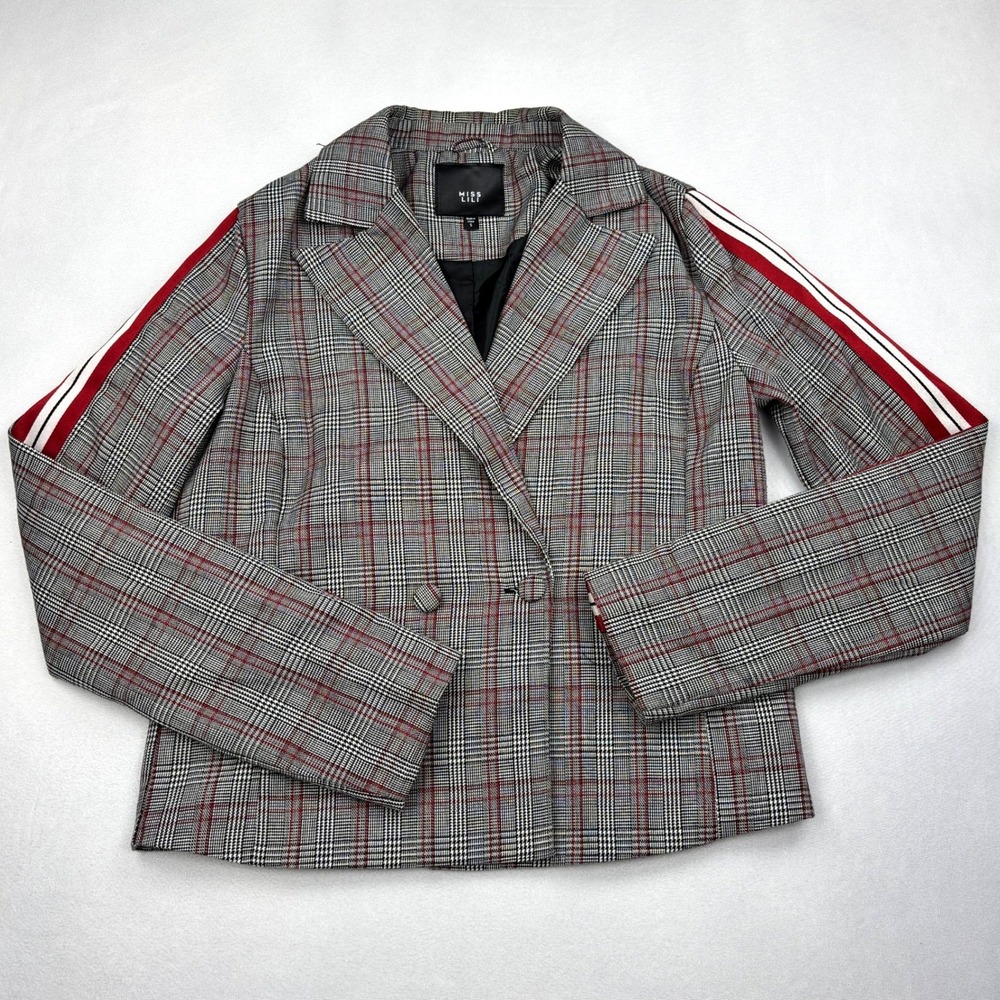 Miss Lili Blazer Womens Small Gray Red Plaid Double Breasted Track Stripe Jacket